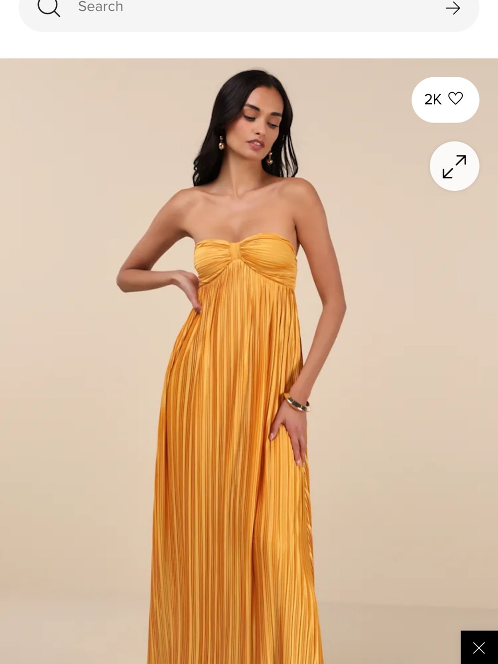 Lulu's Mustard Yellow Strapless Pleated Maxi Dress